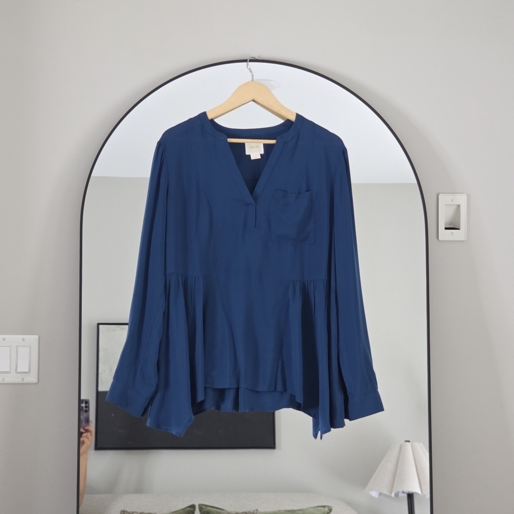 Maeve Anthropologie Blue LongSleeve Flowy Peplum Top | Blouse, Size 12